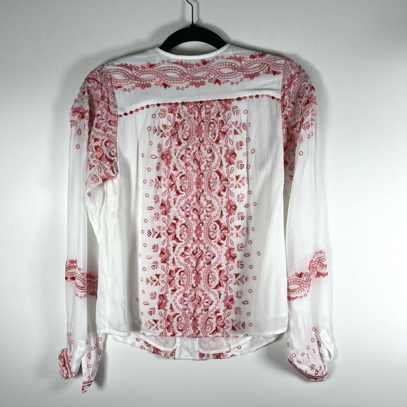 Hale Bob Mimi Embroidered Crepe Top XS White Pink Boho Hippie Floral - Picture 8 of 10